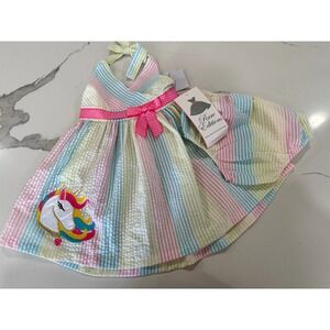 Rare Editions Girls Unicorn Rainbow Stripe Seersucker Dress Bloomers Set 18M‎